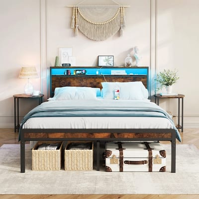 Full Size Metal Platform Bed with Headboard and Footboard, LED Lighting