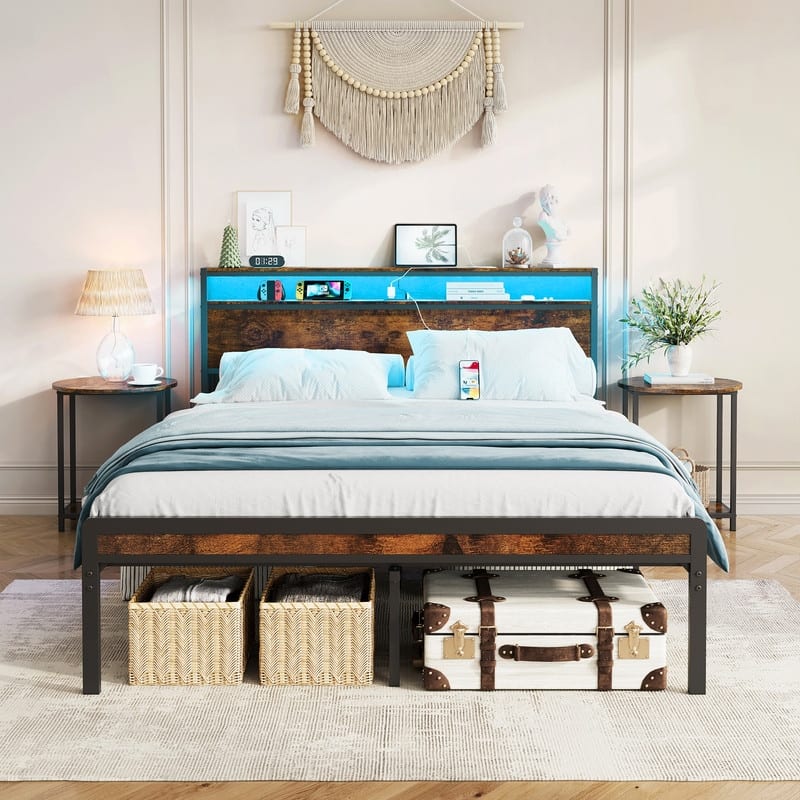 Full Size Metal Platform Bed with Headboard and Footboard, LED Lighting
