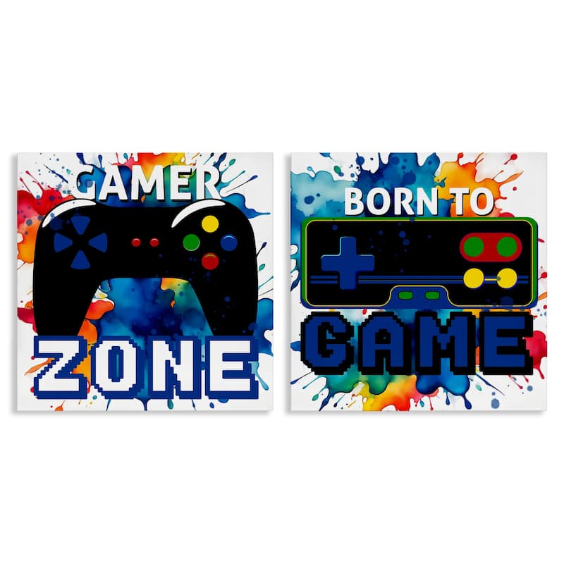Stupell Gamer Zone on Splash Canvas Wall Art Design By Kim Allen (Set of 2) - 17 x 17