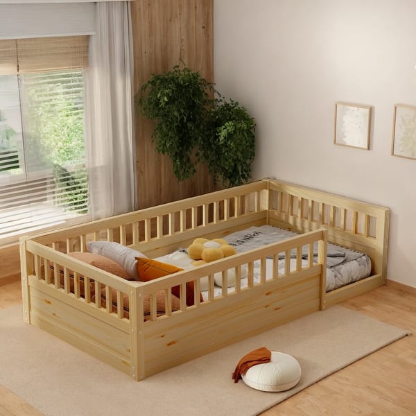 slide 2 of 27, Twin Floor Bed Frame with Safety Fence for Kids' Bedroom & Playroom, Natural Natural