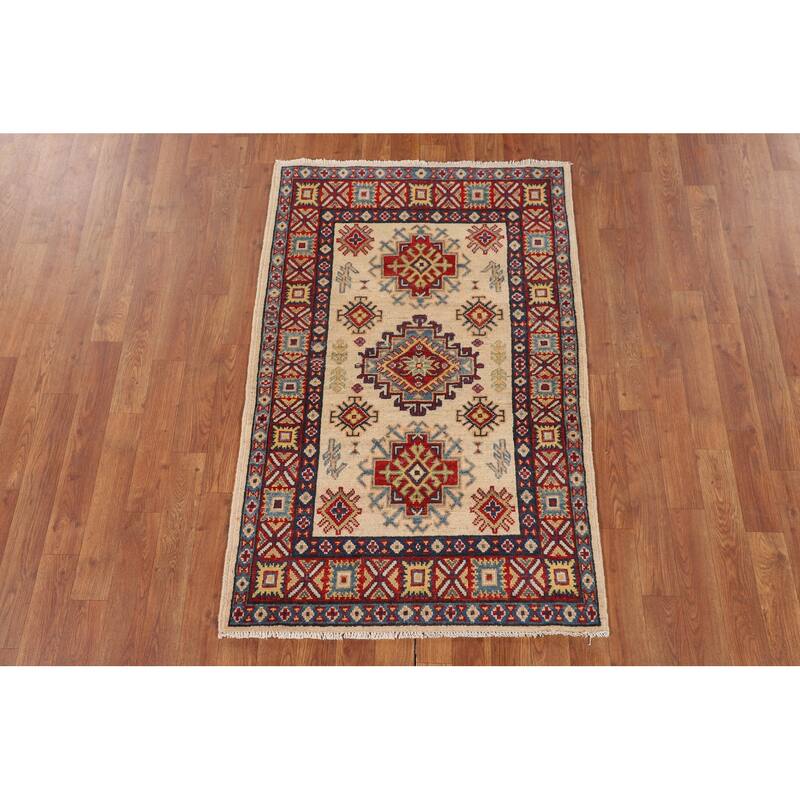 Geometric Kazak Rug Handmade Wool Carpet - 2'10" x 4'3"