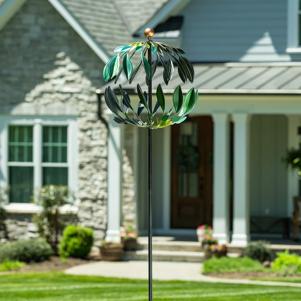 74 in. Blue and Green Leaves Metal Wind Spinner