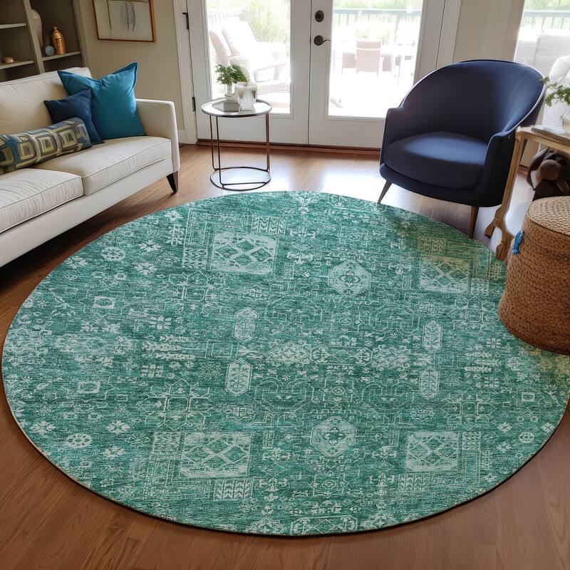 Machine Washable Indoor/ Outdoor Chantille Traditional Vintage Rug - Teal - 8' x 8'