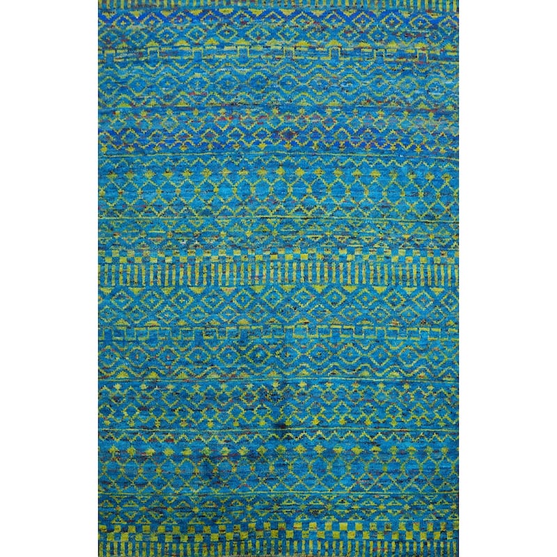 Hand-knotted Modern Wool Blue Geometric Oriental Area Rug - 7' 5'' X 5' 4''