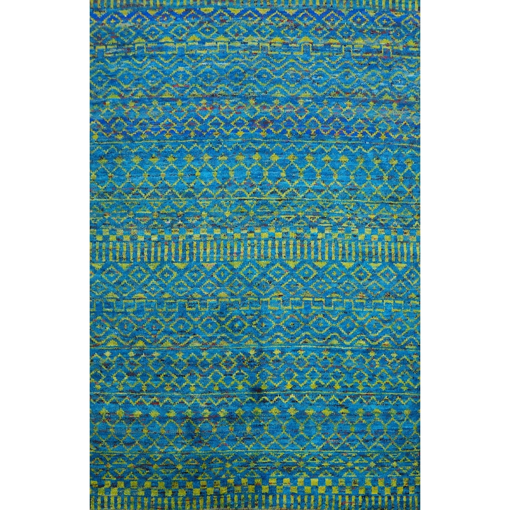 Hand-knotted Modern Wool Blue Geometric Oriental Area Rug - 7' 5'' X 5' 4''