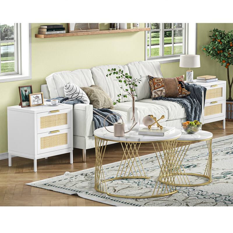 Anmytek Modern 2-Drawer Rattan White Nightstand Sofa End Table with Storage for Bedroom