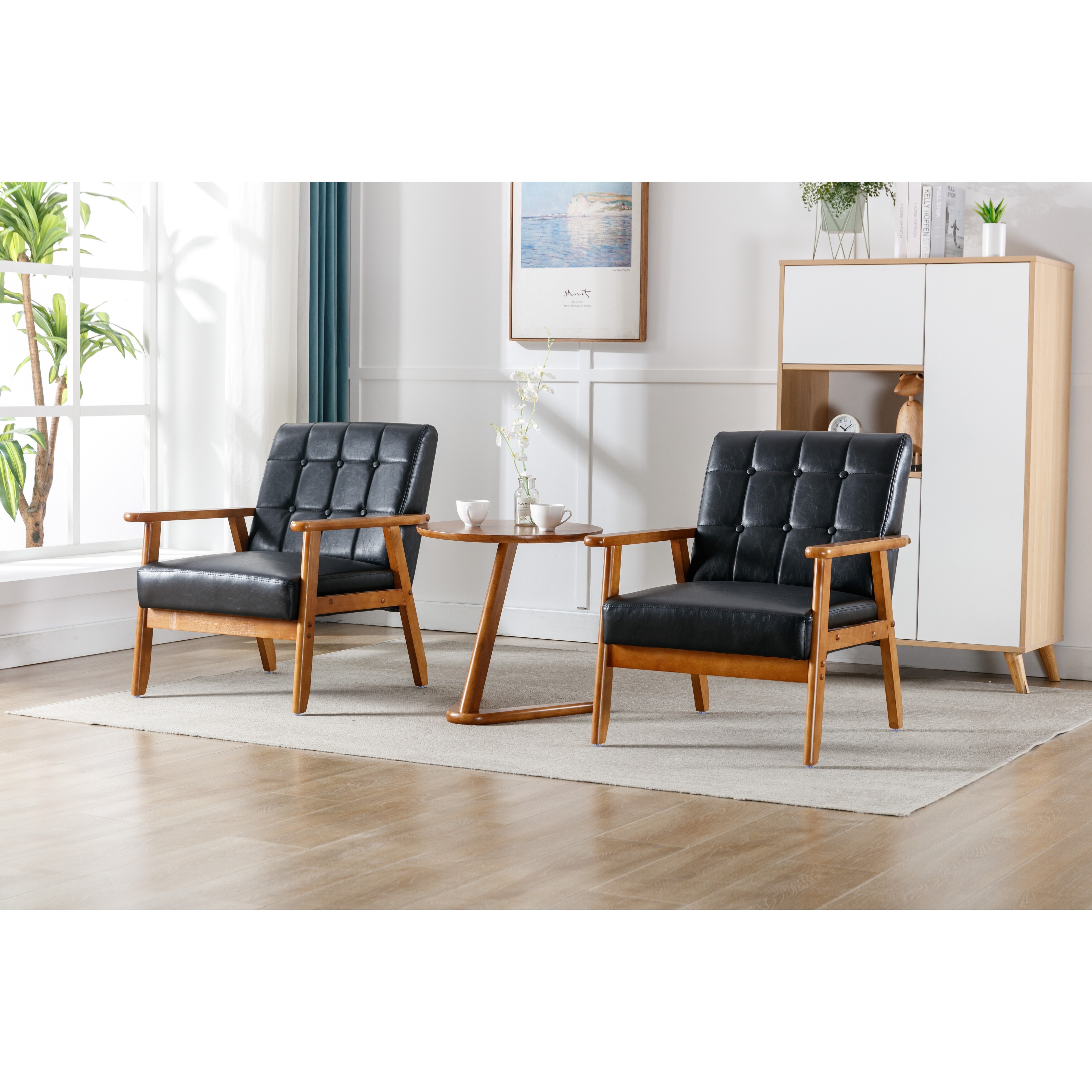 Pcs PU Leather Arm Chairs Set of with Side Table, Black PU