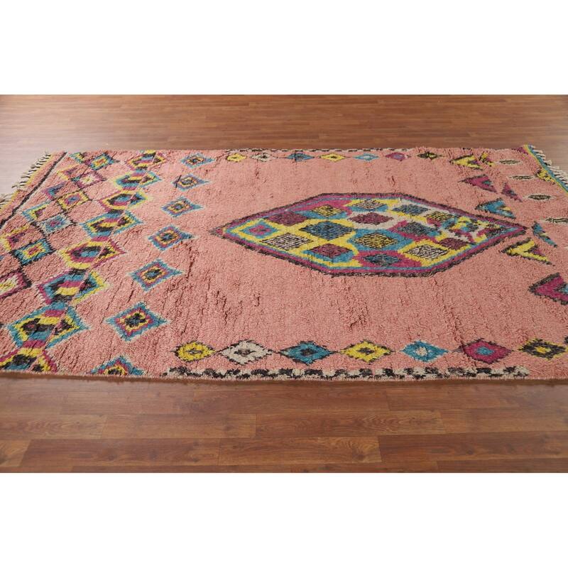 Pink Moroccan Oriental Area Rug Handmade Wool Carpet - 5'1" x 9'7"