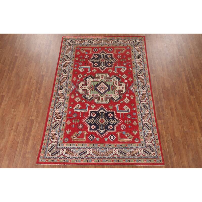 Hand Knotted Oriental 100% Wool Carpet Traditional Geometric Red Kazak Area Rug - 9' 6'' X 6' 4''