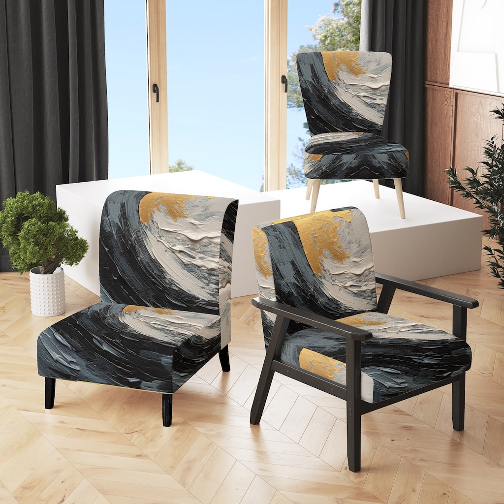 Designart "Gold and Black Vibrant Spirals" Upholstered Abstract Spirals Accent Chair and Modern & Contemporary Arm Chair