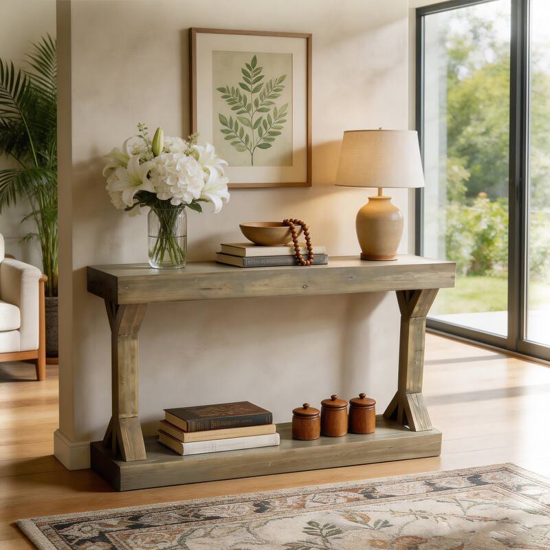 Solid Wood Console Table With Storage Shelf Farmhouse Wooden Entryway Sofa Table Behind Couch