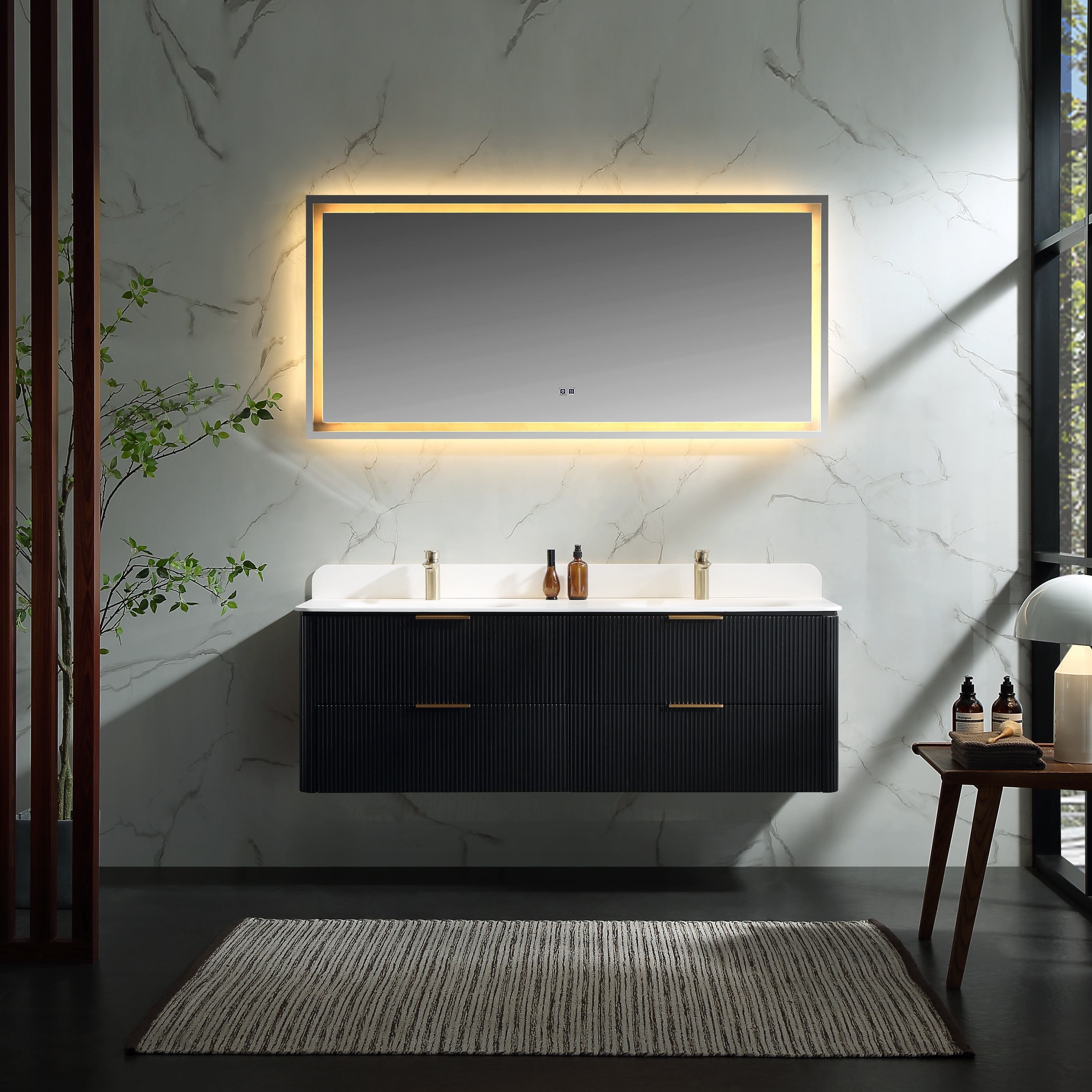 60" Wall-Mounted Bathroom Vanity in Walnut or Black Double Sink with Top Solid Wood, 4 Soft-Close Drawers