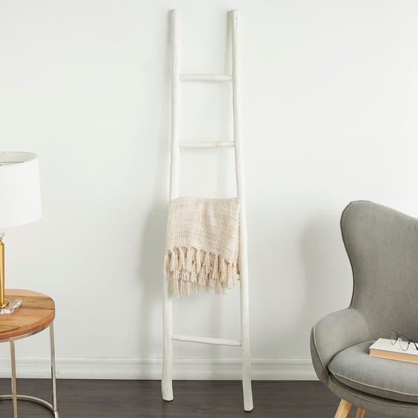 slide 2 of 24, White, Brown or Black Wood Handmade Slanted Ladder with Wider Base and Ball Feet White