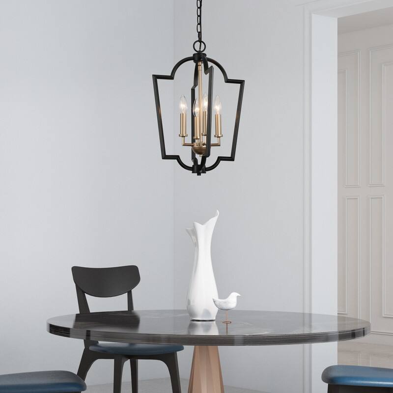Marsie Modern Farmhouse Lantern 4-light Chandelier Dimmable Candle Foyer Entryway Pendant Lights Black with Gold