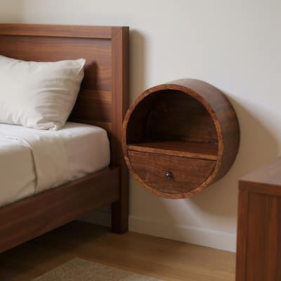 HomeRoots 16" Chestnut Solid Wood Round One Drawer Floating Nightstand