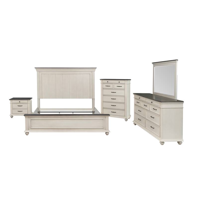 Linon Ellington Antique White and Brown King Bedroom Set