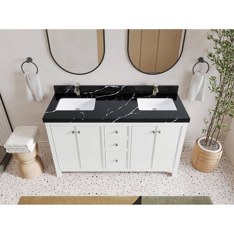 Willow Collections 60 in. W x 22 in. D Chicago Double Sink Bathroom Vanity with Countertop - 2” Calacatta Black - White
