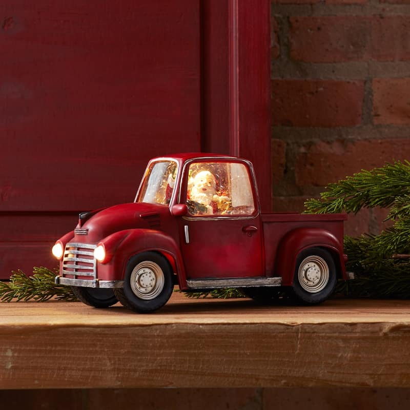 11.25" LED Red Truck Santa Table Top Decoration with Timer - B/O