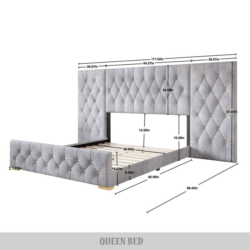 CraftPorch Luxurious Velvet Tufted Platform Bed with Wall Panels