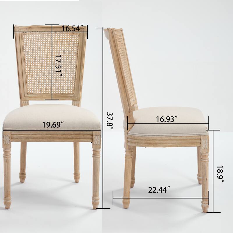 Dining Chairs Set of 2, Upholstered Chairs with Nature Rattan T-shaped Back, Wire Drawing and Carving Techniques,Disassemblable