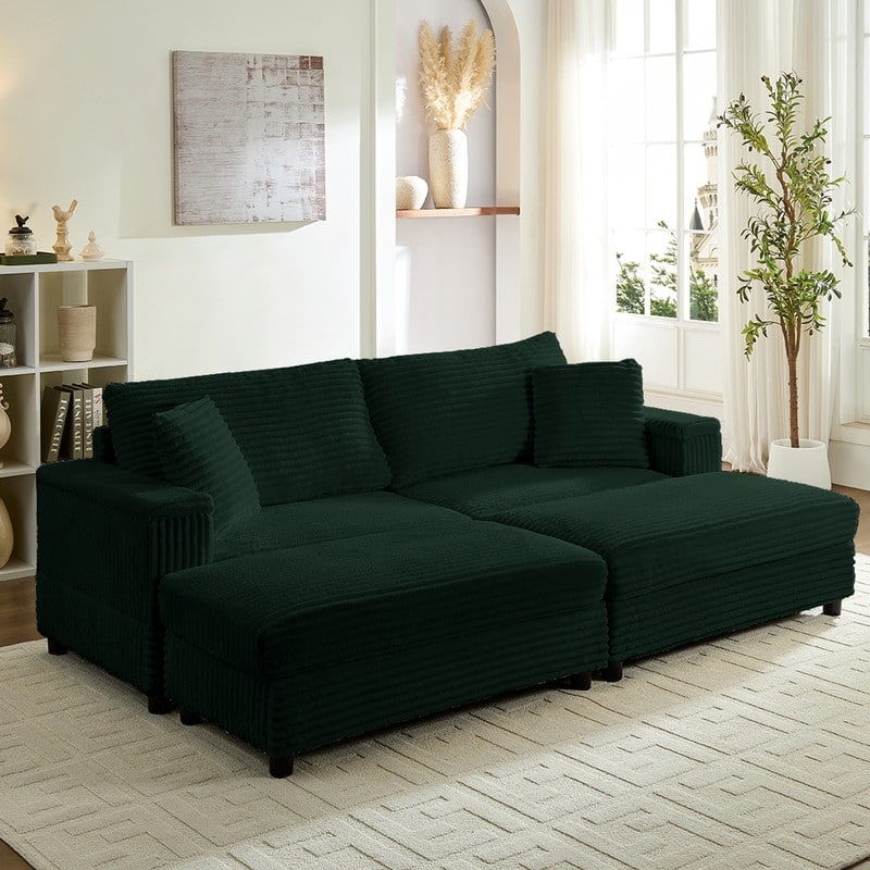 Mixoy 85‘’Corduroy Loveseat Chaise Lounge with Storage Ottoman&Armrests,Upholstered 2-Seater Sleeper Reclining Chair Indoor