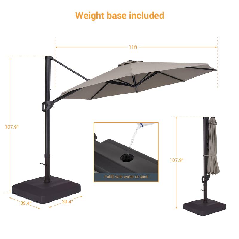 BONOSUKI 11-ft 360-degree Rotating Cantilever Patio Umbrella with Base