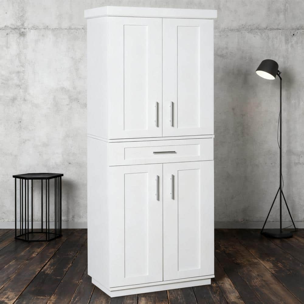 Kitchen Hutch Storage Cabinet, Modern White Pantry with 4 Doors and Drawers, Freestanding Cupboard Sideboard Buffet Cabinet