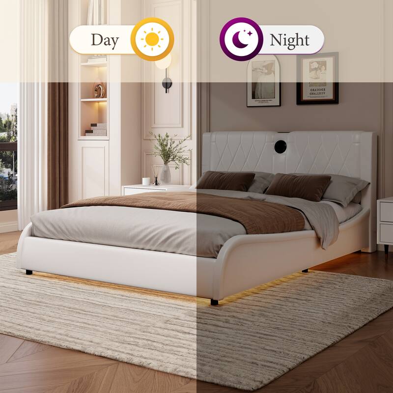 King Size Luxurious Faux Leather Upholstered Platform Bed with Thickened Headboard, Bluetooth Speakers and RGB LED Light