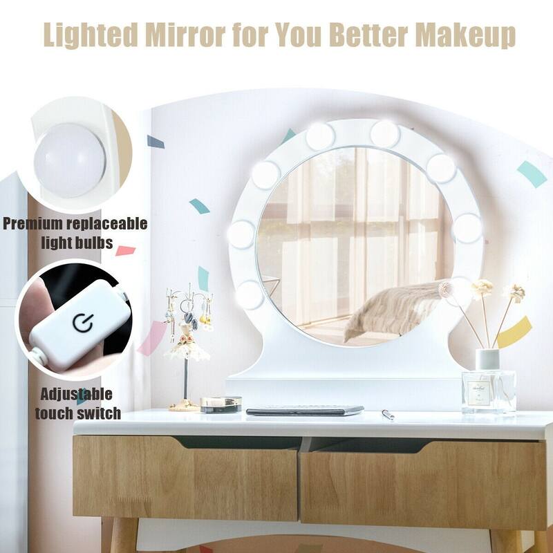 Dressing Table with Large Round Mirror and 8 Light Bulbs for Bedroom - 31.5" x 16" x 52" (L x W x H)
