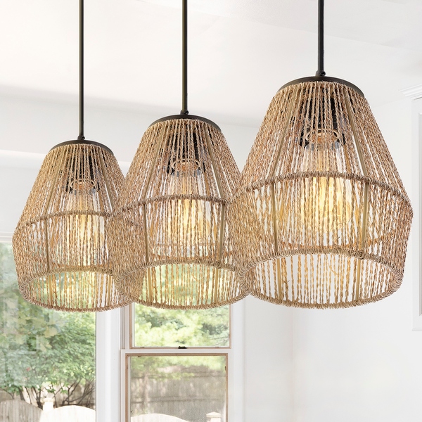 Ibiza Island 30 3 Light Seagrass Metal Bohemian Coastal LED Pendant Oil Rubbed Bronze Natural by JONATHAN Y On Sale Bed Bath Beyond 35897770