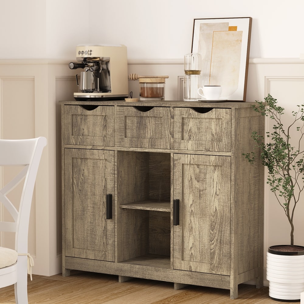 Freestanding Wooden Floor Storage Cabinet, Accent Cabinet with 2 Doors & 3 Drawers, Buffet Cabinet with Adjustable Shelves