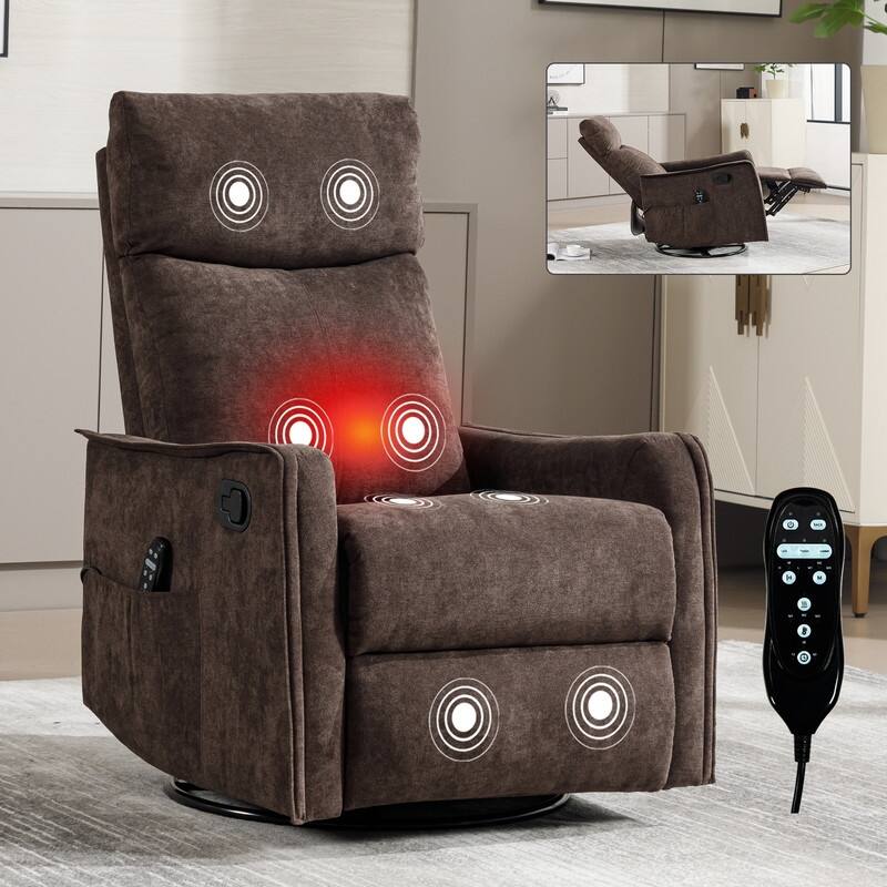 Heat Massage Manual Recliner Chair with Rocker and Swivel in Fabric for Living Room - Brown
