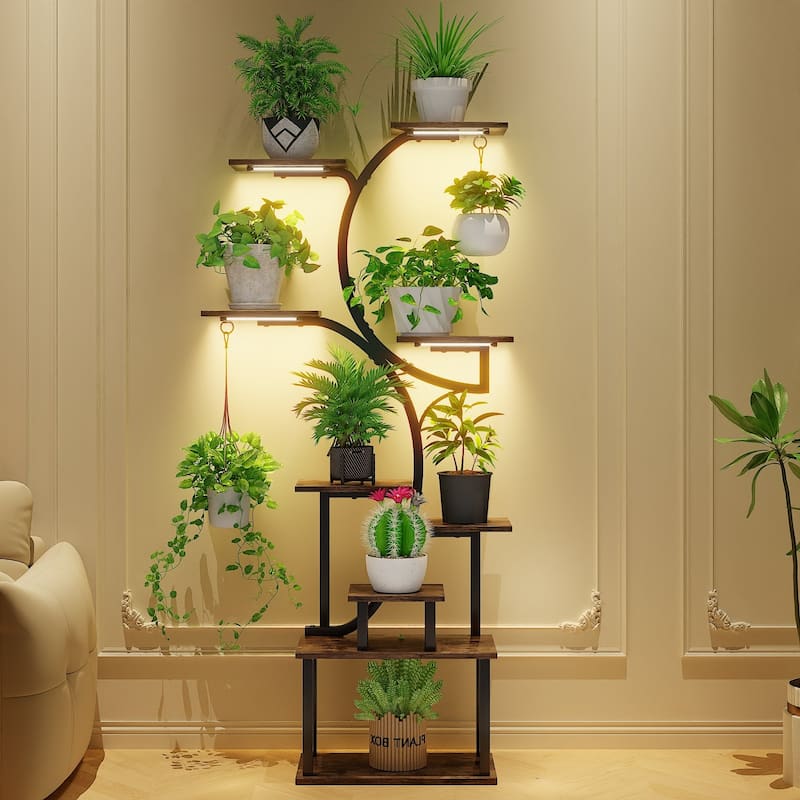 VECELO Indoor Plant Stand with Grow Lights 4 Styles 6/7/9 Shelves Adjustable Timer & Brightness Decorative Rack for Living Room