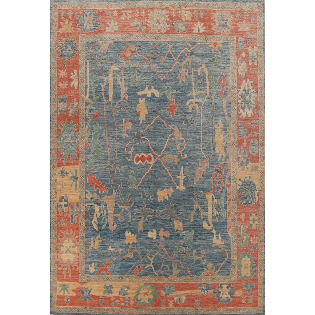 Vegetable Dye Blue Oushak Turkish Area Rug Hand-Knotted Wool Carpet - 9'3" x 12'3"