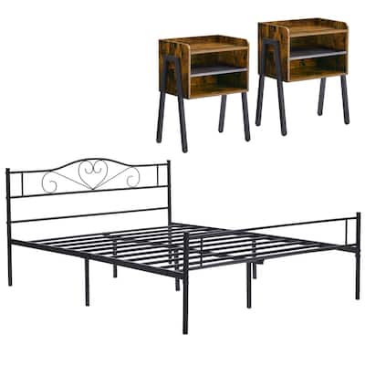 Taomika 3-Pieces Modern Bedroom Set with Brown Nightstand and Black Bed