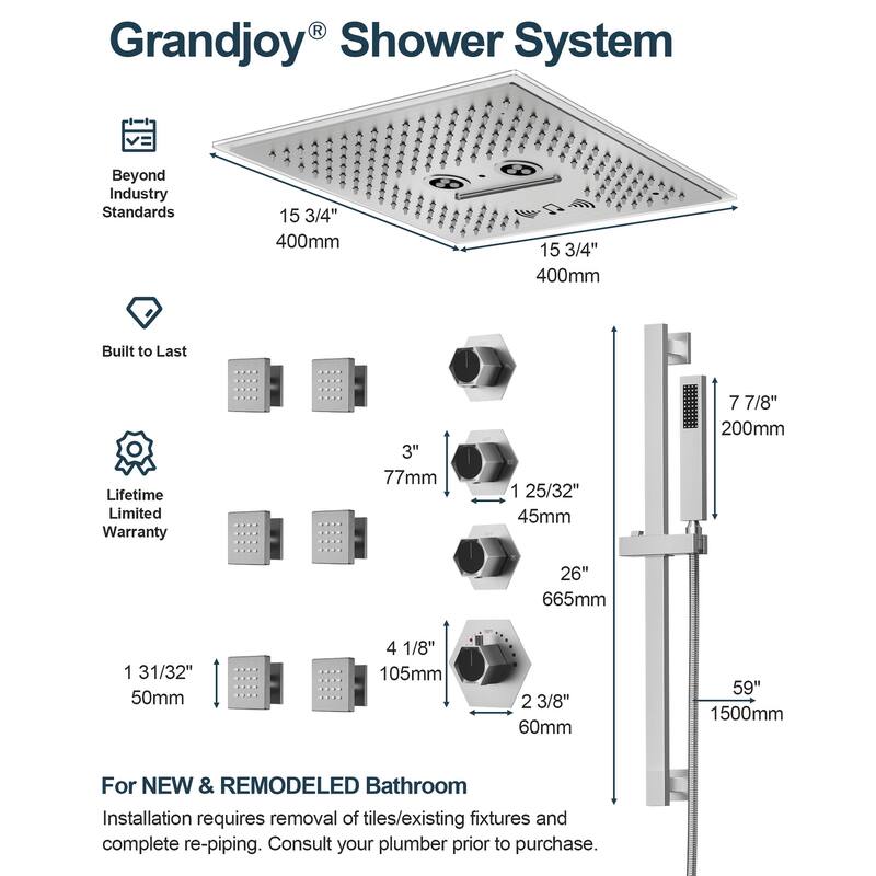 GRANDJOY Shower Faucet System 16 inch Ceiling Mount Shower Head 3 Spray Modes Handheld Spray with Slide Bar LED Music