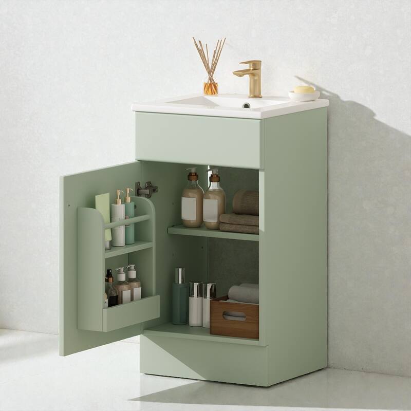 18 Inch Bathroom Vanity with Ceramic Sink, Freestanding Vanity Cabinet with Soft Close Door and Adjustable Shelf