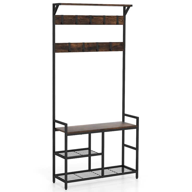 71 Inch Freestanding Hall Tree with Shoe Bench and 9 Removable Hooks-Rustic Brown - 33" x 12" x 71"