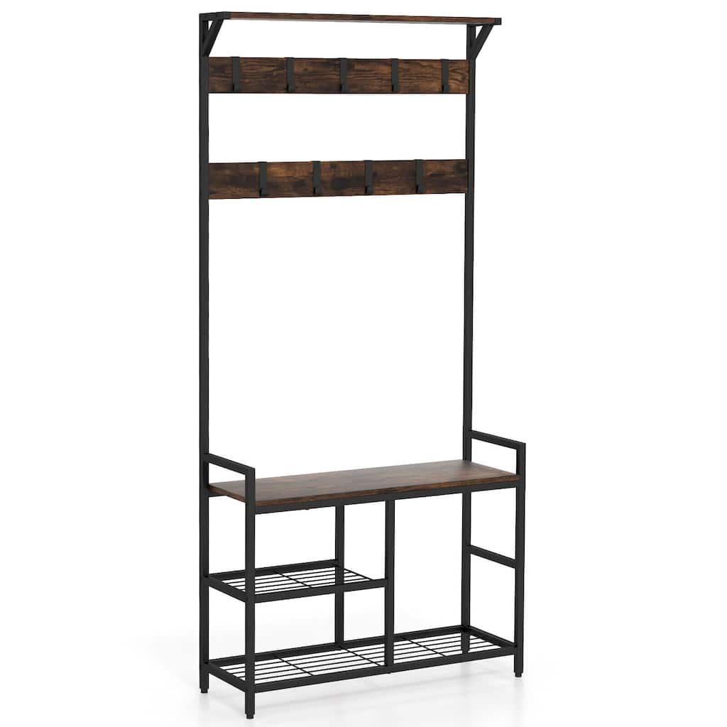 71 Inch Freestanding Hall Tree with Shoe Bench and 9 Removable Hooks-Rustic Brown - 33" x 12" x 71"