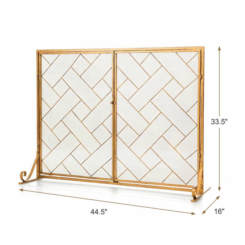 3-Panel Folding Wrought Iron Fireplace Screen with Doors and 4 Pieces Tools Set - 44.5" x 16" x 33.5" (L x W x H)