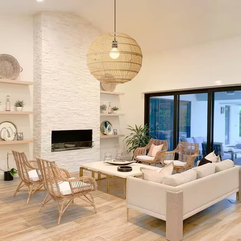 1-Light Globe Chandelier with Rattan Shade, No Bulbs Included