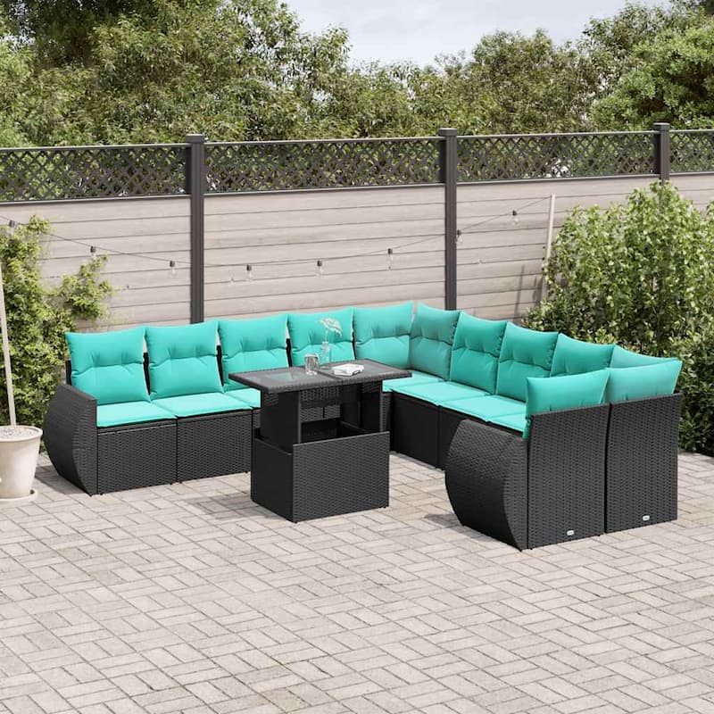 vidaXL 11 Piece Patio Sofa Set with Cushions Black/Brown/Gray Poly Rattan - 24.4 x 24.4 x 27.2 - Black
