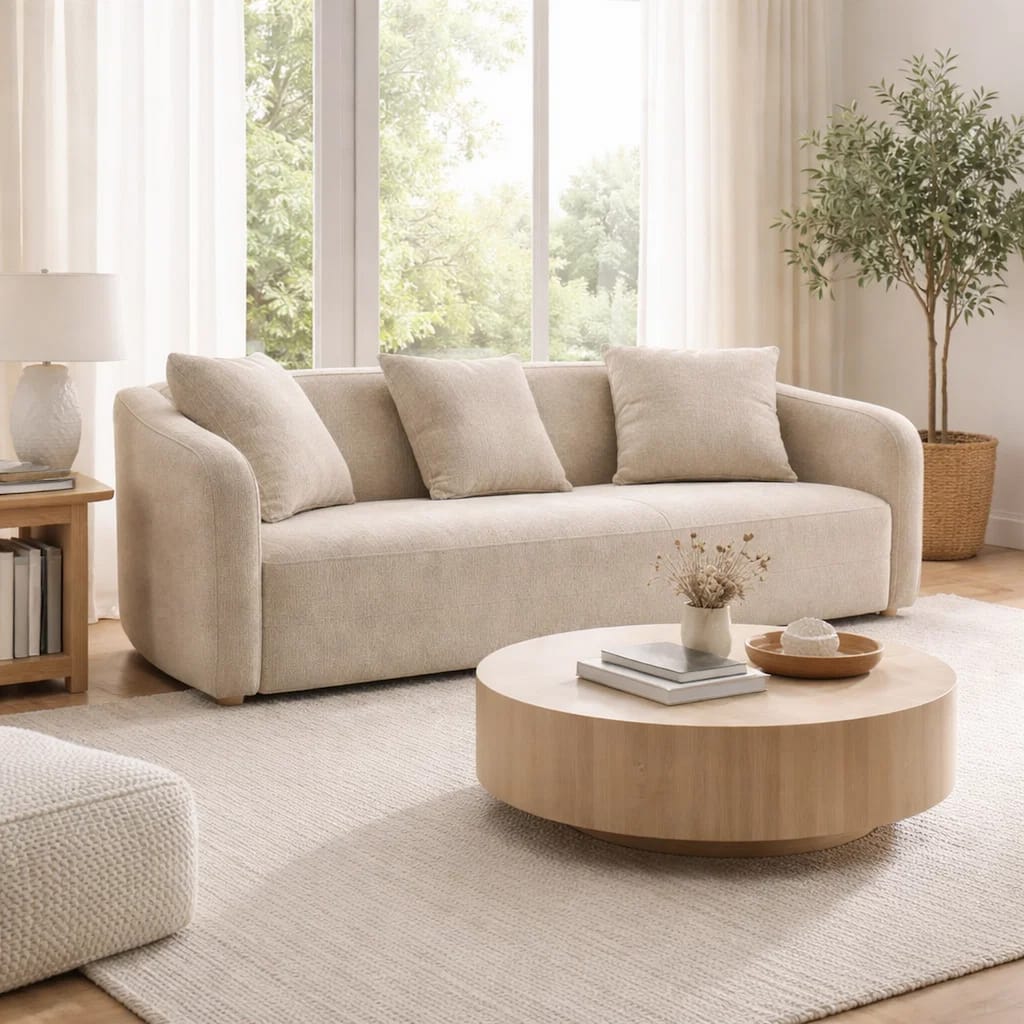 Keina Sofa, 3 Accent Pillows, Rounded Back, Beige Chenille, 79 Inch