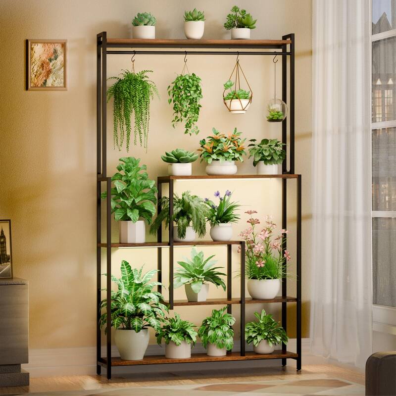Tall Plant Stand Indoor with Grow Light, Metal Plant Shelf for Indoor Plants Multiple, 5 Tier Corner Flower Pot Holder Stand - Brown