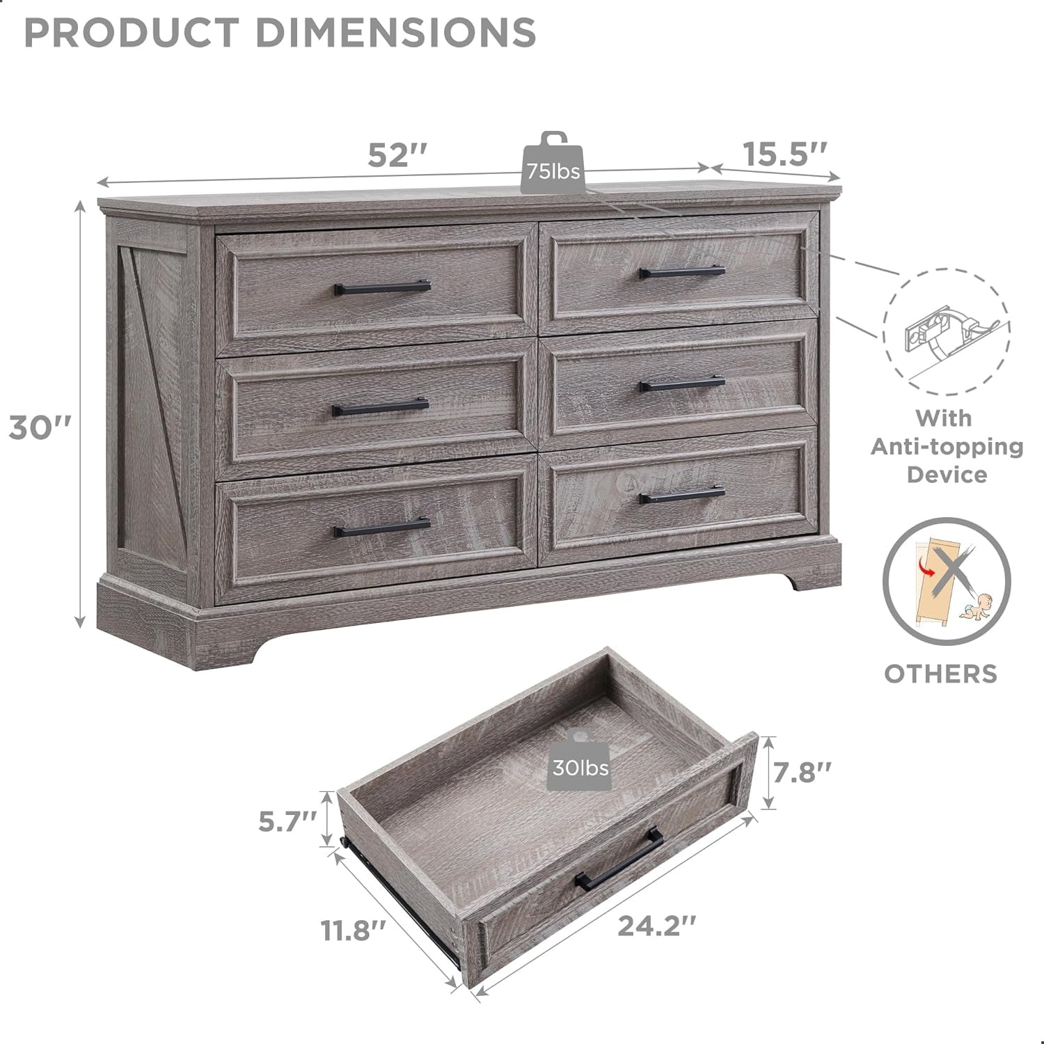 Farmhouse 6 Drawer Dresser for Bedroom, Chest of Drawers, TV Stand