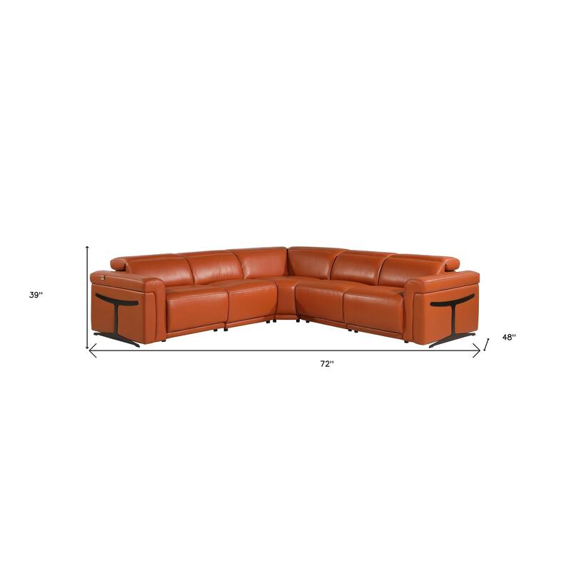 HomeRoots Camel Italian Leather Modular L Shaped Five Piece Corner Sectional