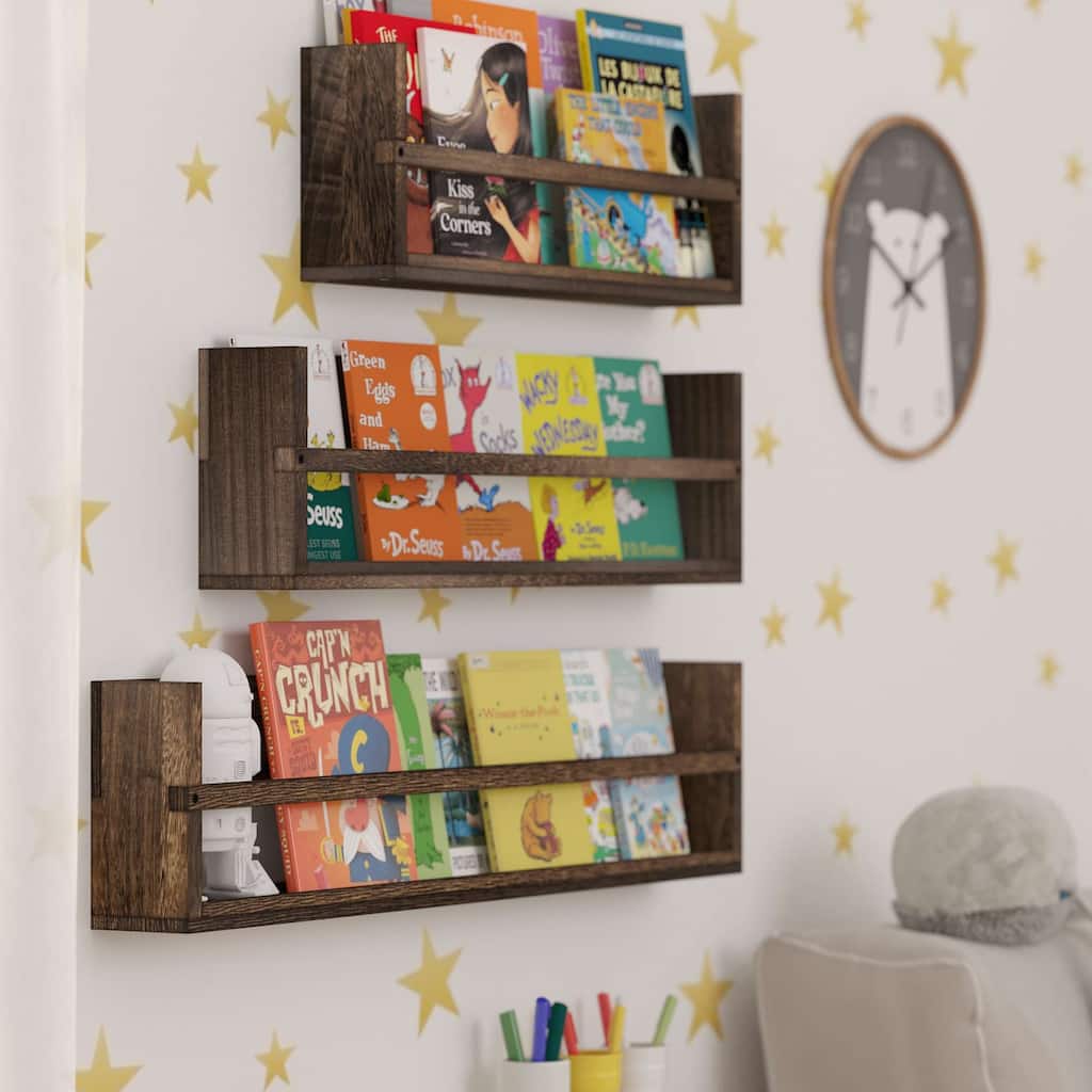 Wallniture Polynez Multisize Rustic Wood Wall Shelves, Functional Wall Shelves, Wall Mounted Shelving for Books, Set of 3