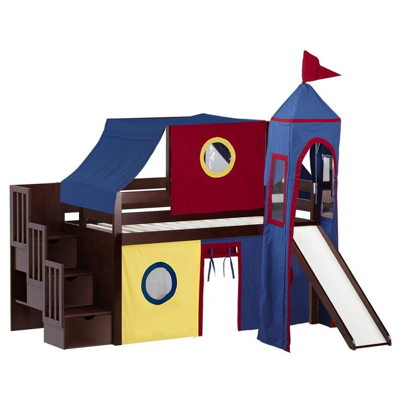 JACKPOT Prince & Princess Low Loft Twin Bed, Stairs Slide Tent & Tower