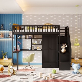 Modern Twin Size Loft Bed with Bookshelf,Drawers,Desk,and Wardrobe