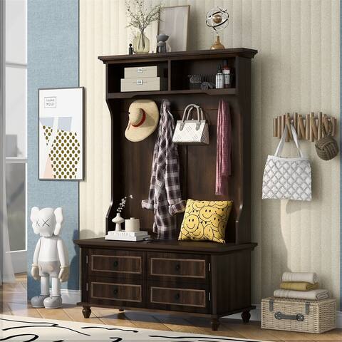 Merax 3-in-1 Design Hall Tree Storage Bench with 4 Hooks, 2 Cabinets
